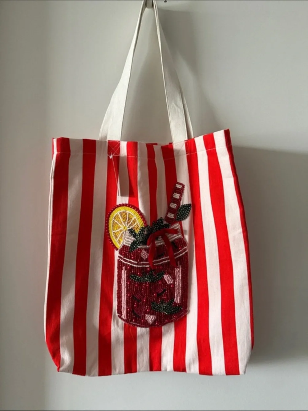 NwT Anthropologie printed beaded canvas bloody mary tote bag red stripes